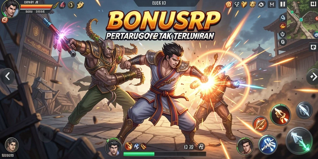 Tampilan seru saat bertarung di arena BONUSRP dengan karakter yang beragam.