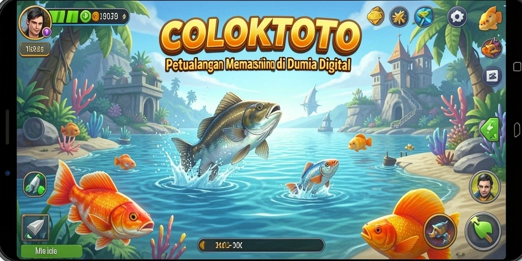 Screenshot COLOKTOTO menampilkan pemain yang sedang memancing di lokasi indah.