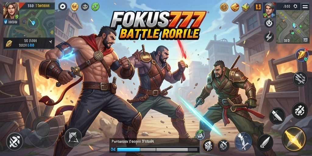 Screenshot utama FOKUS777 menampilkan gameplay Battle Royale yang intens.