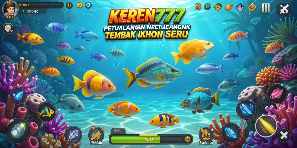 Tangkapan layar menunjukkan gameplay seru KEREN777 dengan banyak ikan berwarna-warni.
