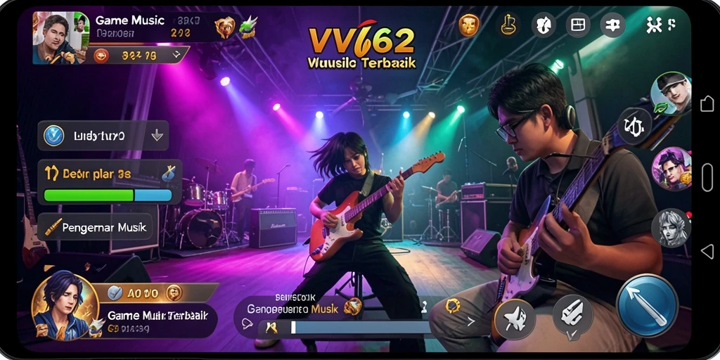 Tampilan gameplay VV62 dengan beragam lagu dan fitur menarik.